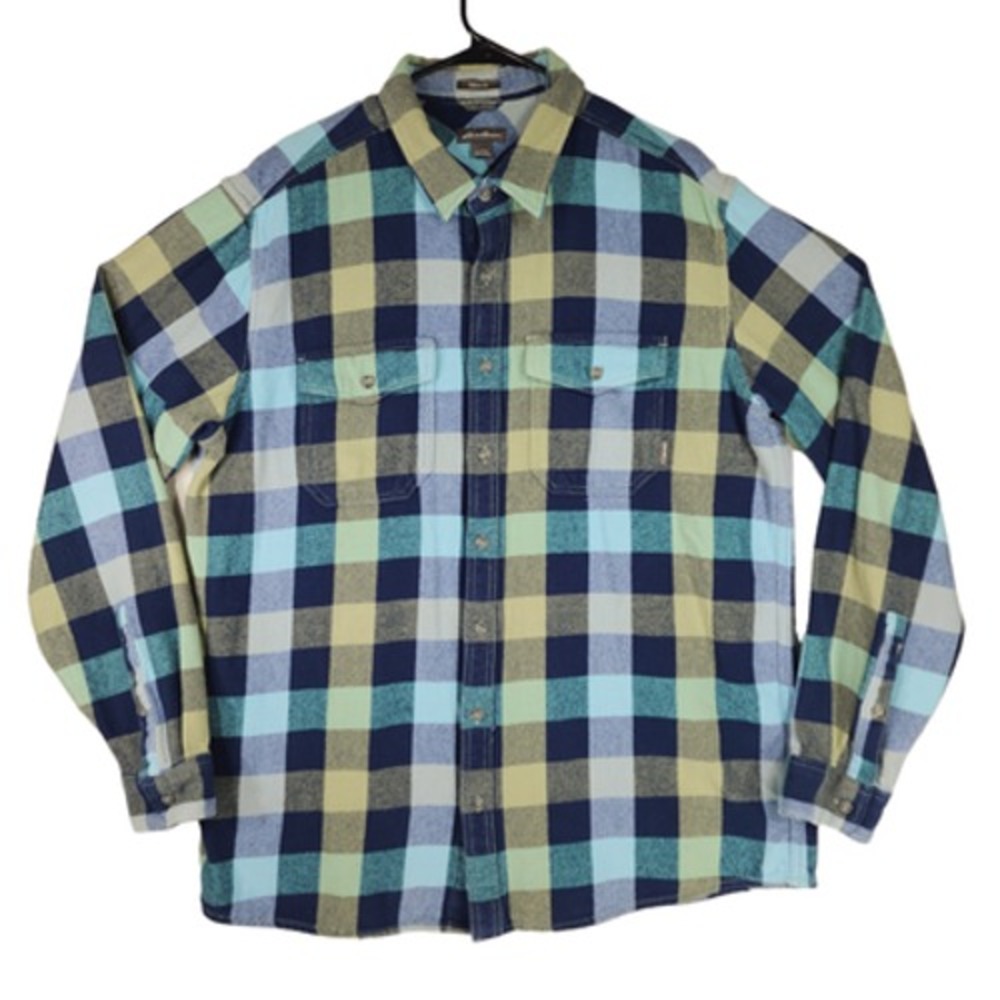 Eddie Bauer TXL Mens Classic Fit Flannel Shirt‎ Shacket Blue Aqua Buffalo Plaid